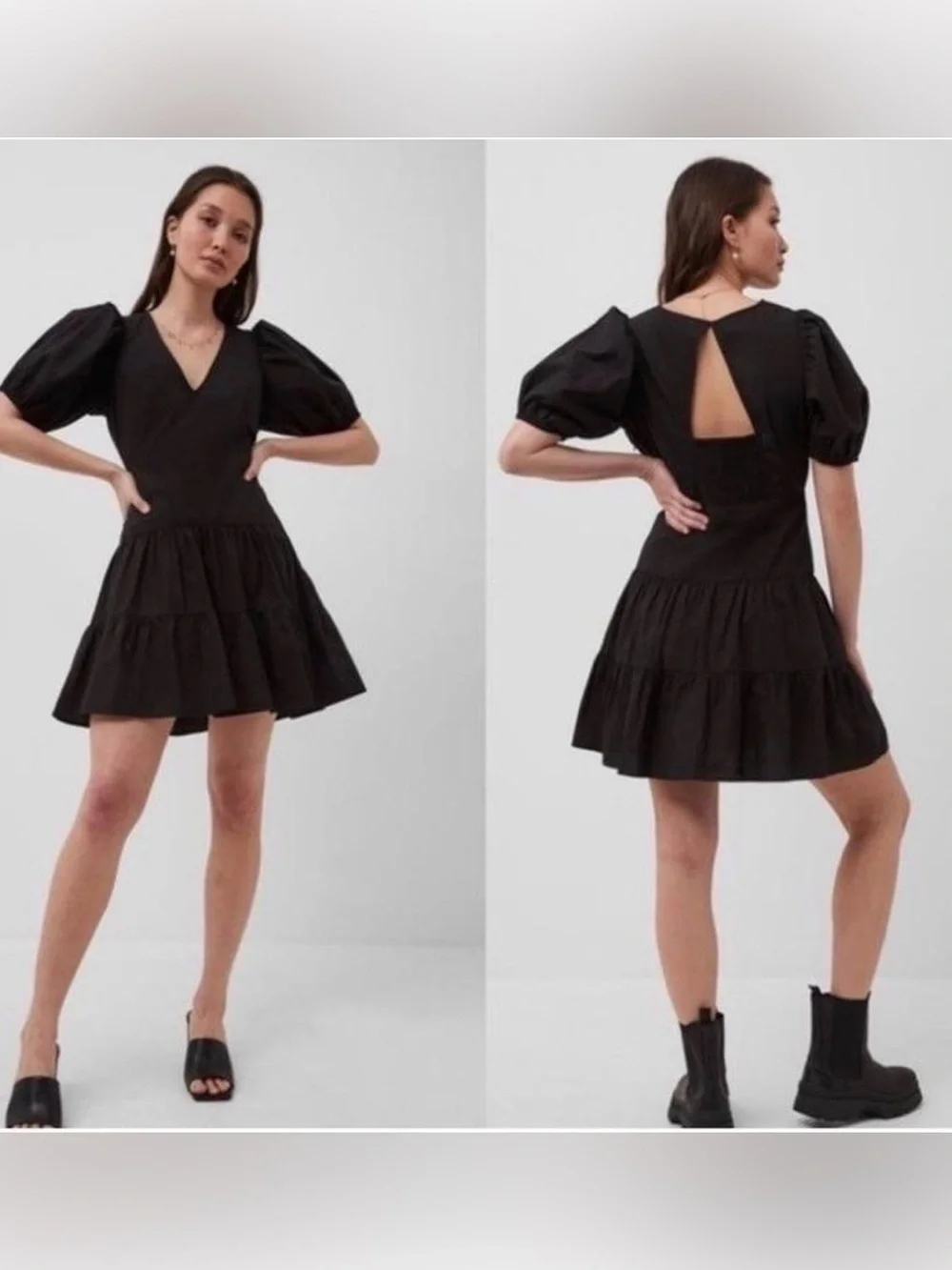 French Connection Black Puff-Sleeve Mini Dress